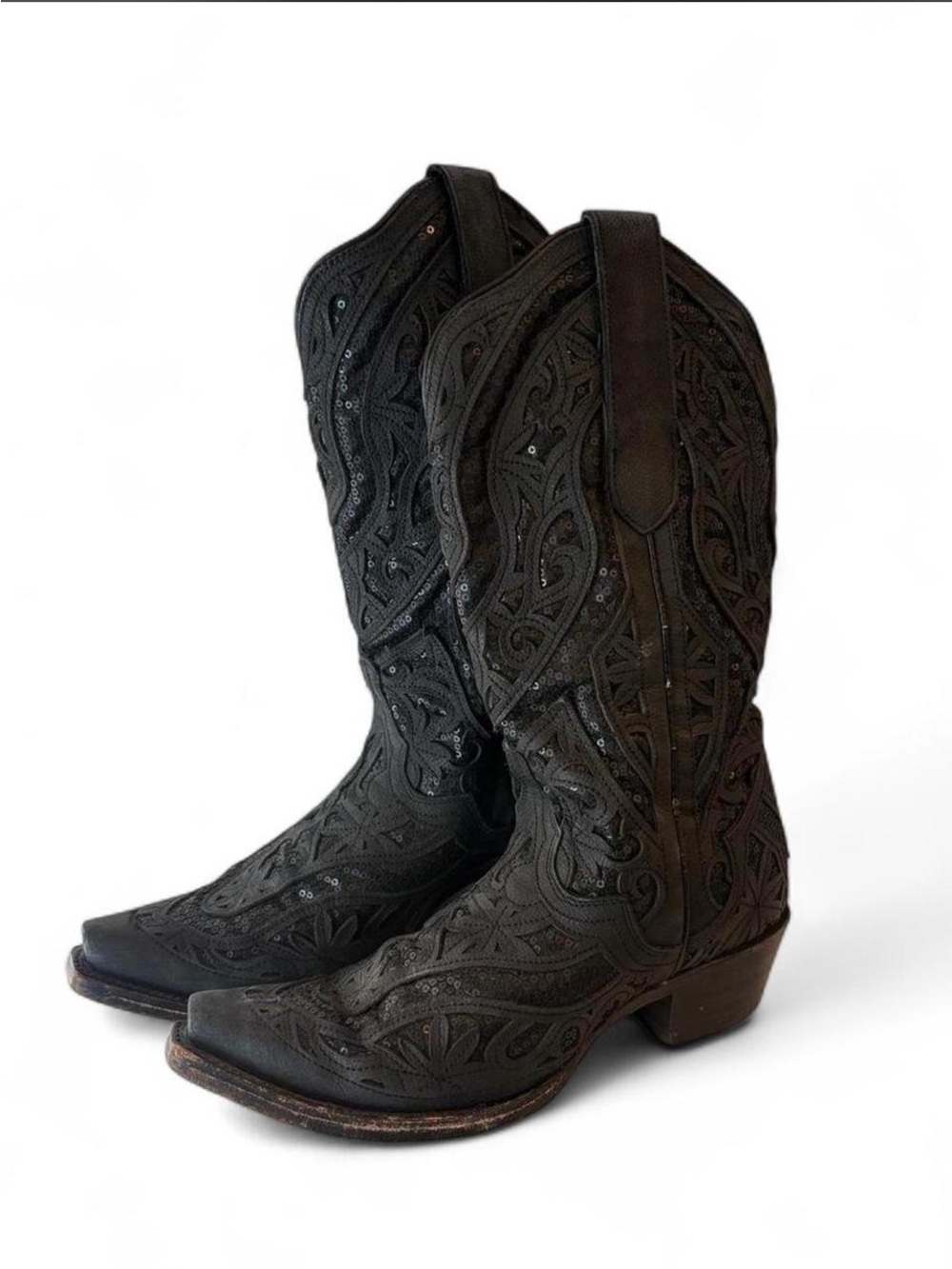 J.B Dillion Black Leather Sequin Overlay Western Snip Toe Boots Mens 7.5